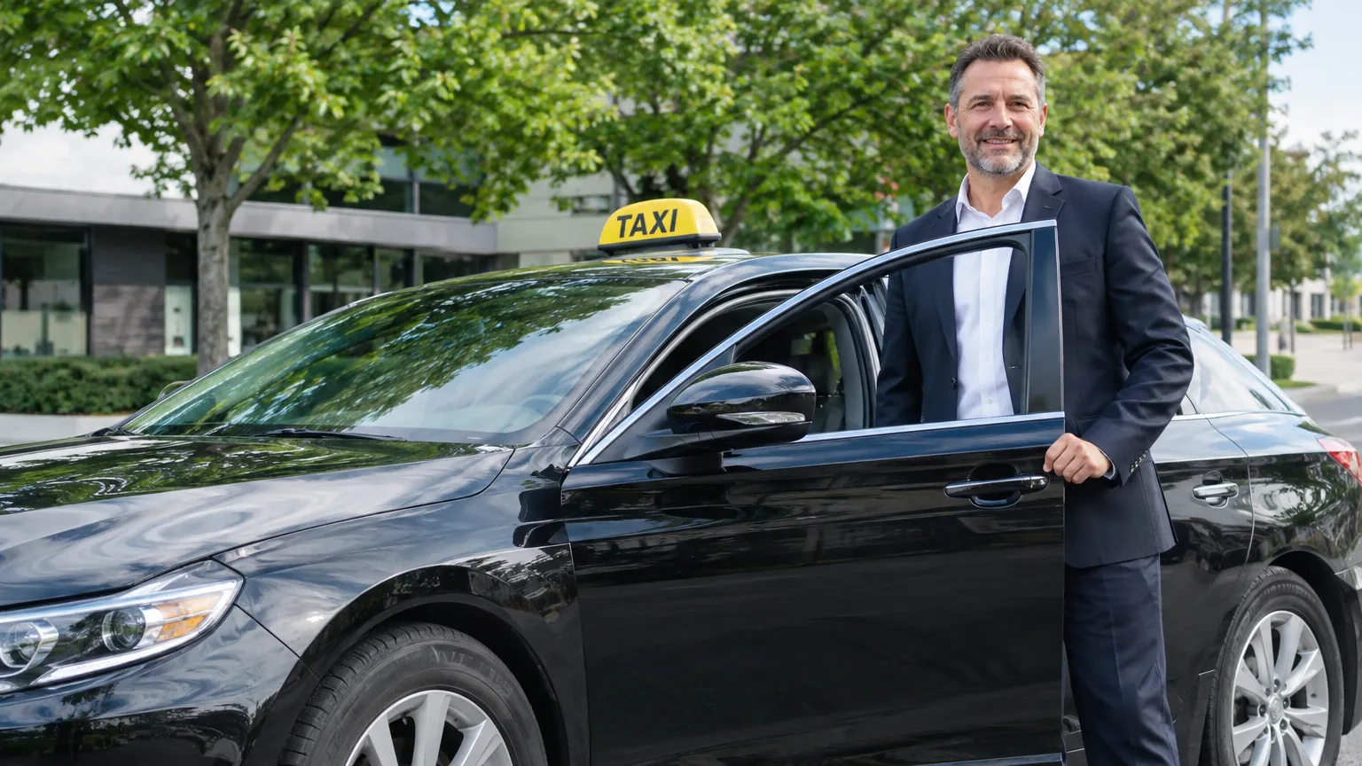 Chauffeur partenaire à côté de sa berline de taxi sur la Rive-Sud de Montréal