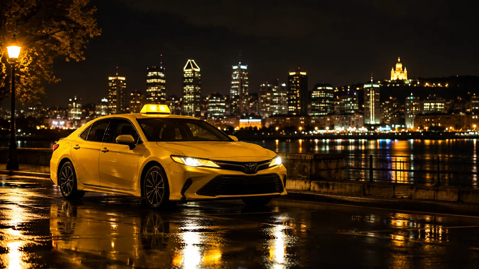 Taxi jaune dans une rue illuminée de Montréal la nuit